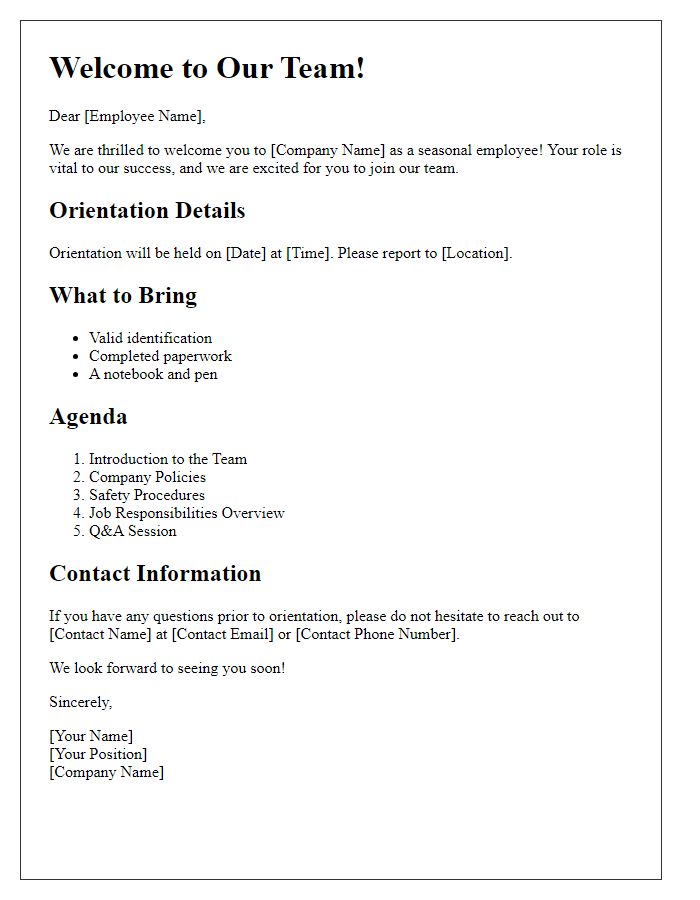 Letter template of staff orientation guide for seasonal employees