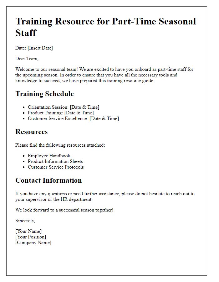 Letter template of training resource for part-time seasonal staff