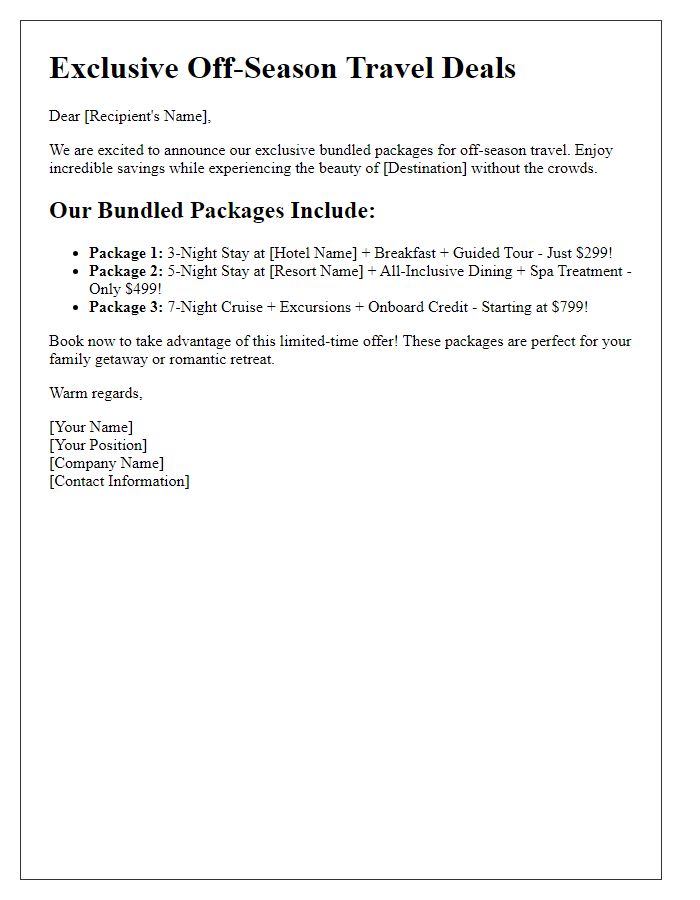 Letter template of bundled packages for off-season travel deals