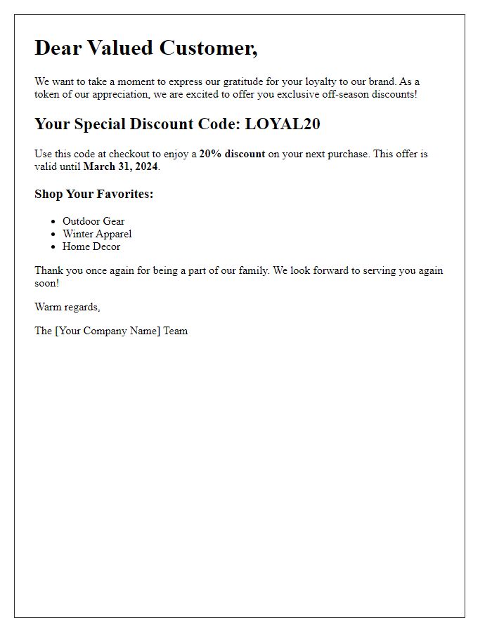 Letter template of exclusive off-season discounts for loyal customers