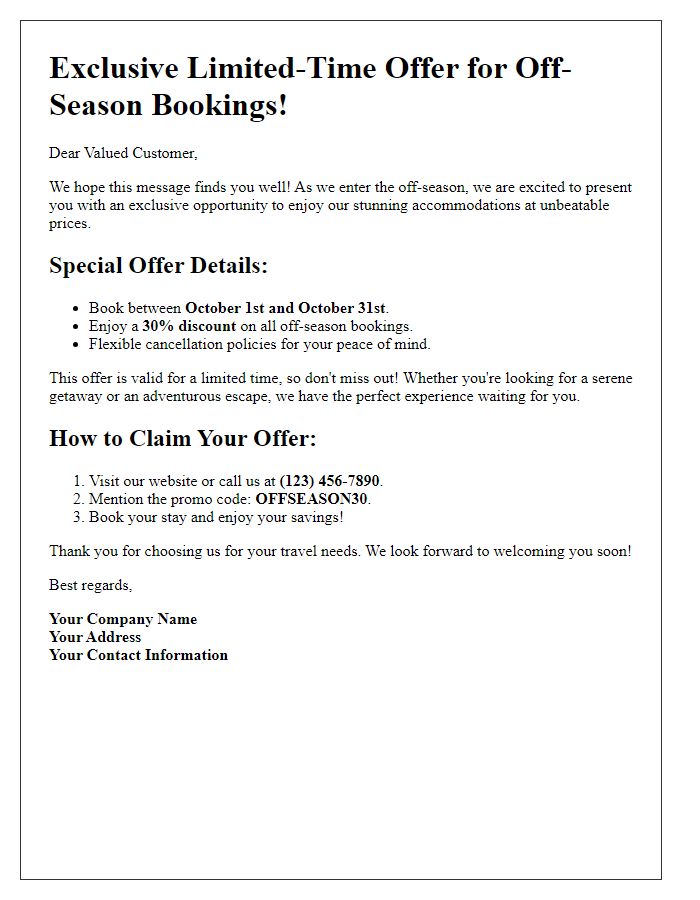 Letter template of limited-time offers for off-season bookings