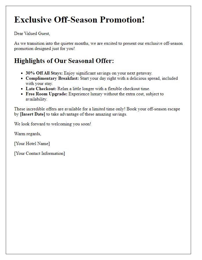 Letter template of seasonal promotion highlights for off-season stays