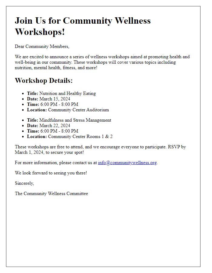 Letter template of announcement for community wellness workshops