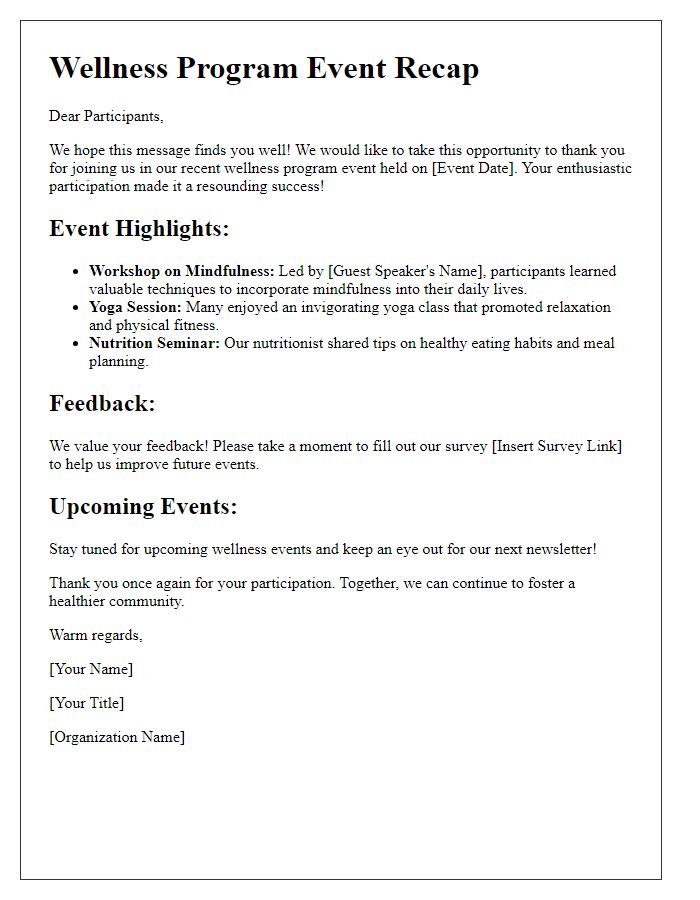 Letter template of event recap for wellness program participants