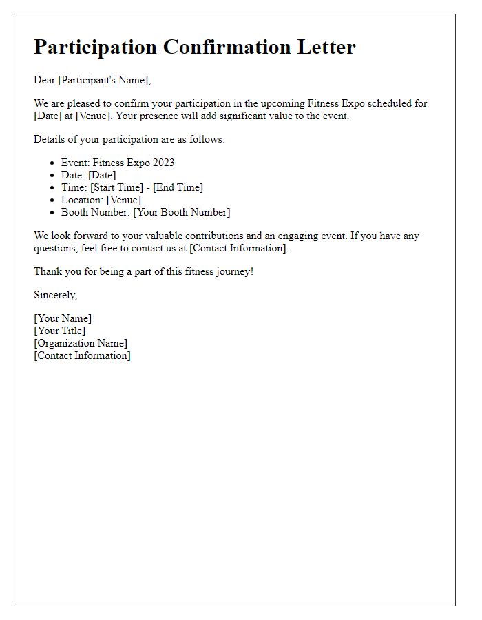 Letter template of participation confirmation for fitness expos