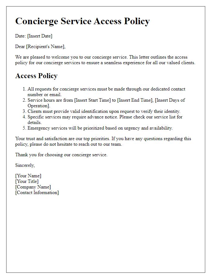 Letter template of concierge service access policy