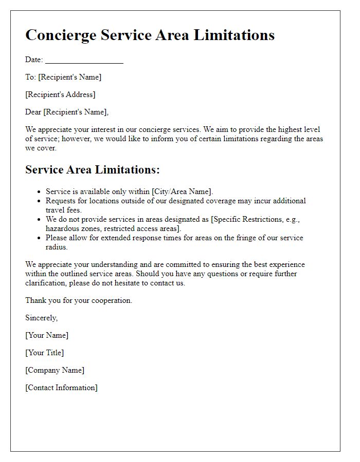 Letter template of concierge service area limitations