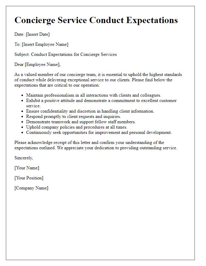 Letter template of concierge service conduct expectations