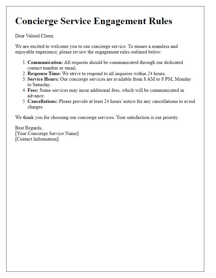 Letter template of concierge service engagement rules