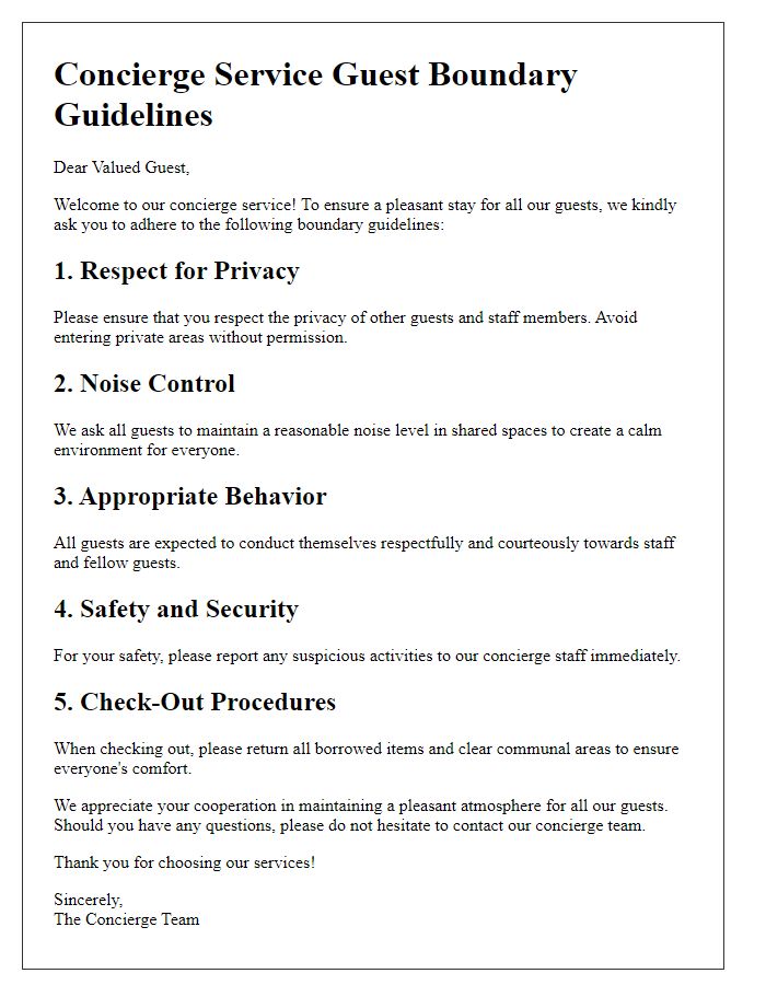 Letter template of concierge service guest boundary guidelines