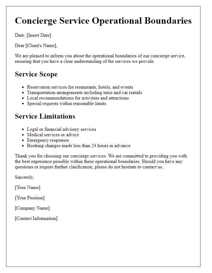 Letter template of concierge service operational boundaries