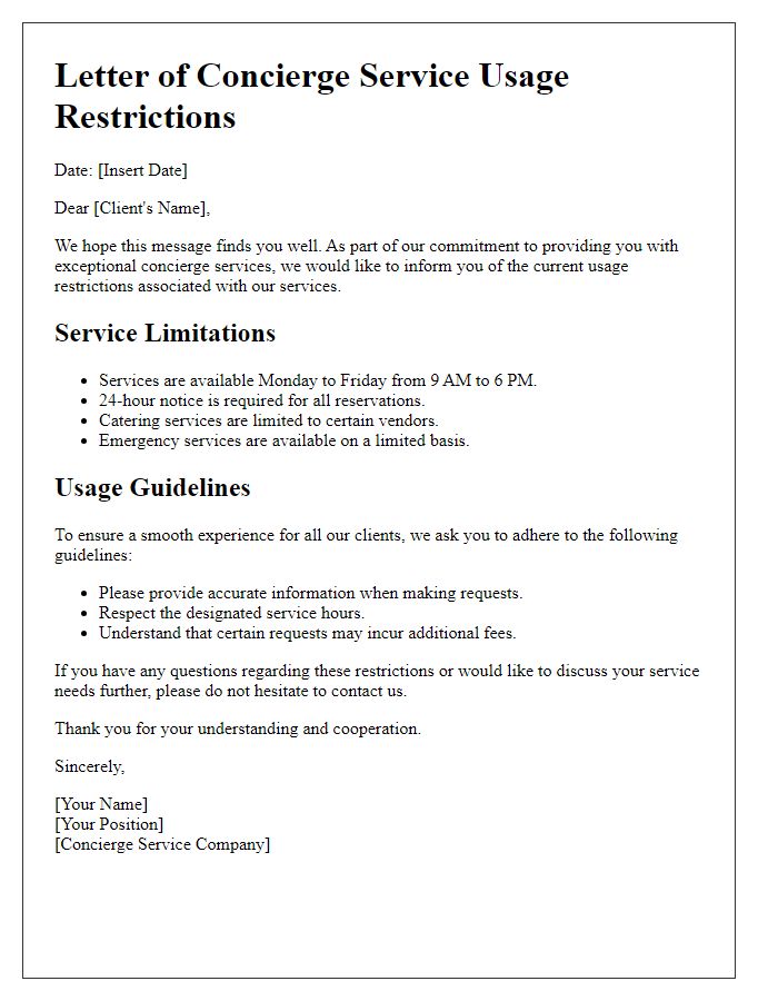 Letter template of concierge service usage restrictions