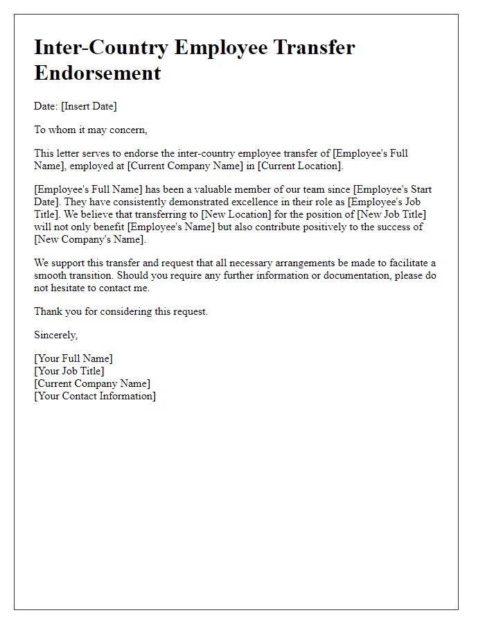 Letter template of inter-country employee transfer endorsement.