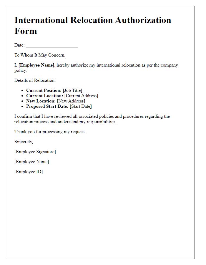 Letter template of international relocation authorization form.