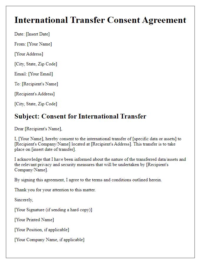 Letter template of international transfer consent agreement.