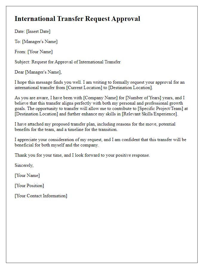 Letter template of international transfer request for approval.