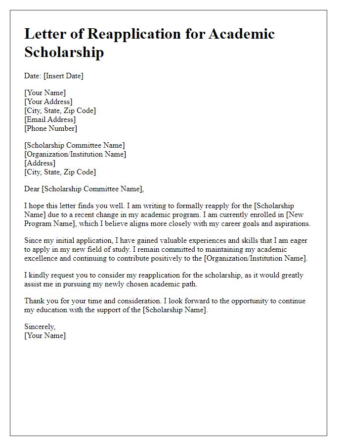 Letter template of academic scholarship reapplication due to program change