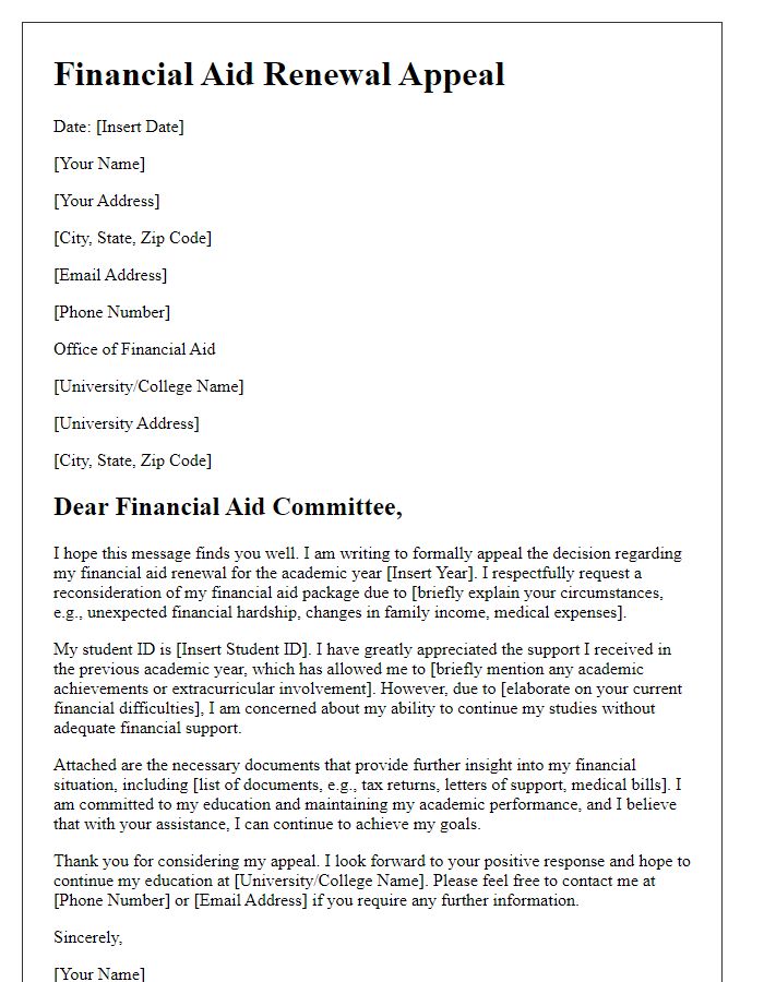 Letter template of need-based financial aid renewal appeal