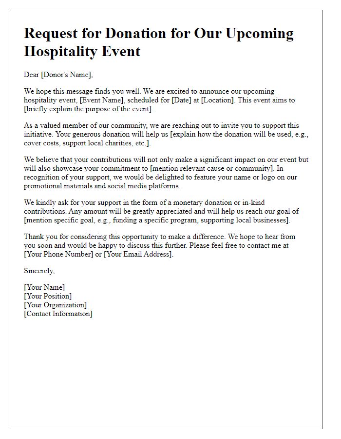 Letter template of hospitality event donation solicitation.