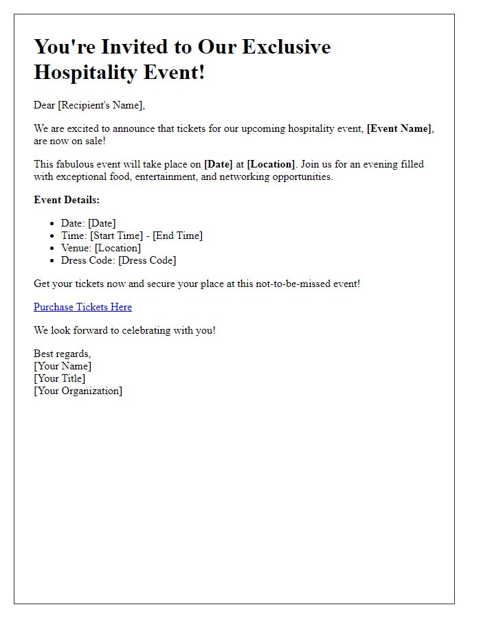 Letter template of hospitality event ticket sales announcement.