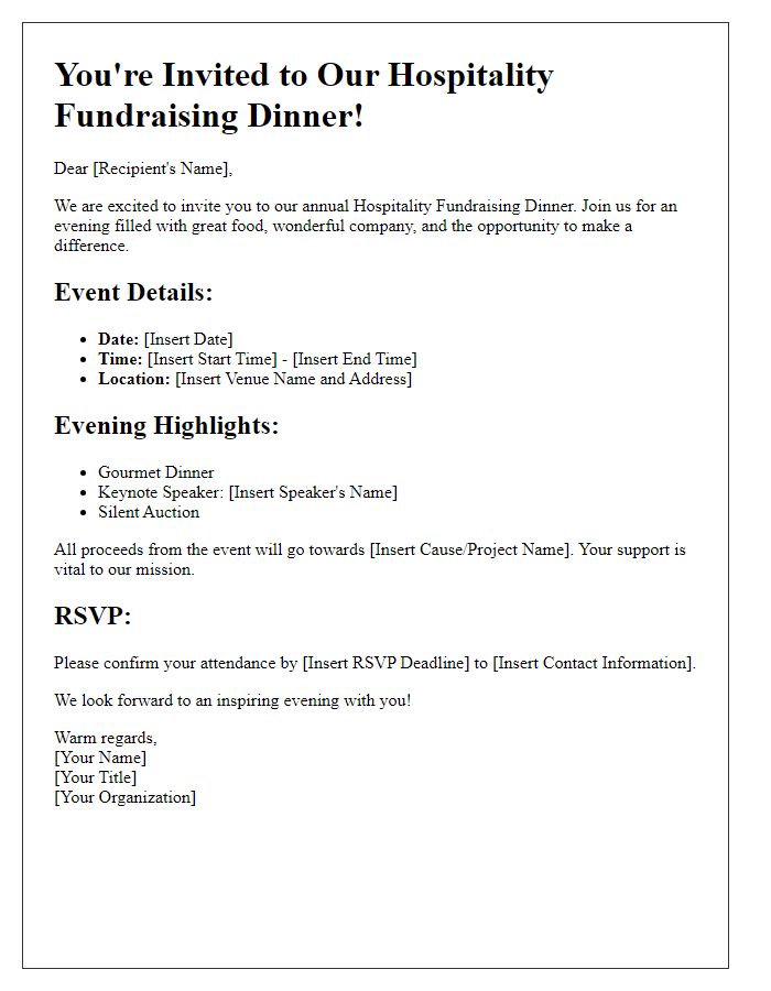 Letter template of hospitality fundraising dinner details.