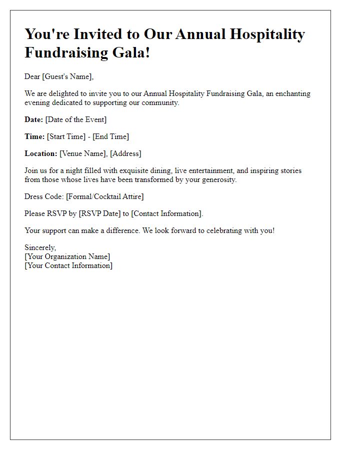 Letter template of hospitality fundraising gala invitation.