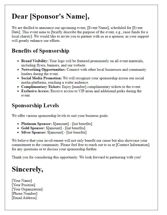 Letter template of hospitality fundraising sponsorship benefits.