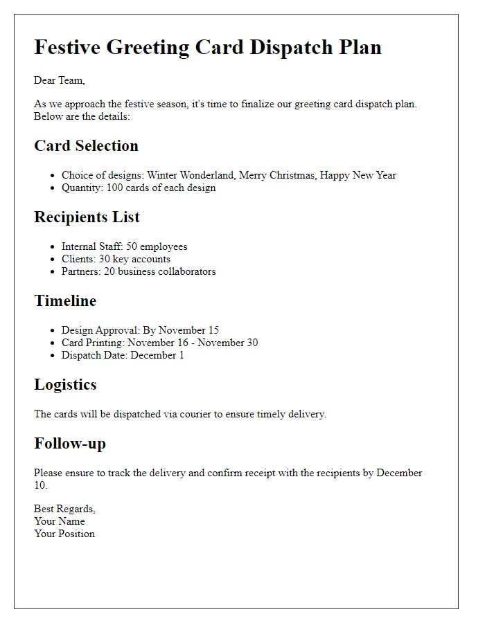 Letter template of festive greeting card dispatch plan