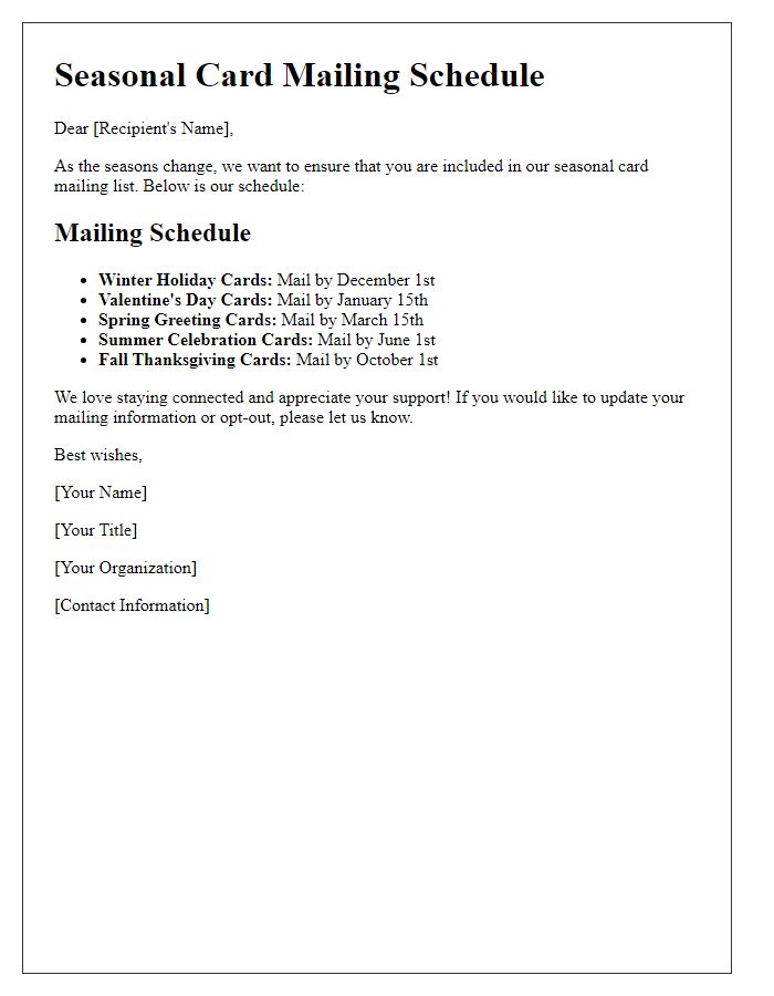 Letter template of seasonal card mailing schedule