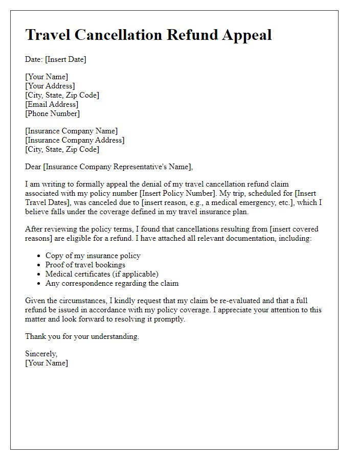 Letter template of travel cancellation refund appeal based on travel insurance coverage