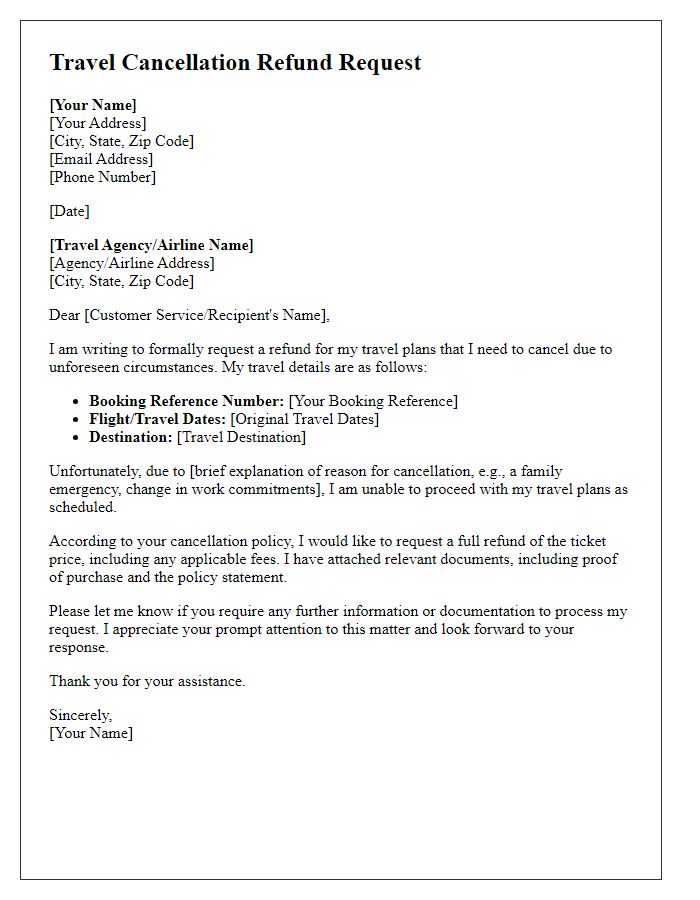 Letter template of travel cancellation refund request for changed travel plans