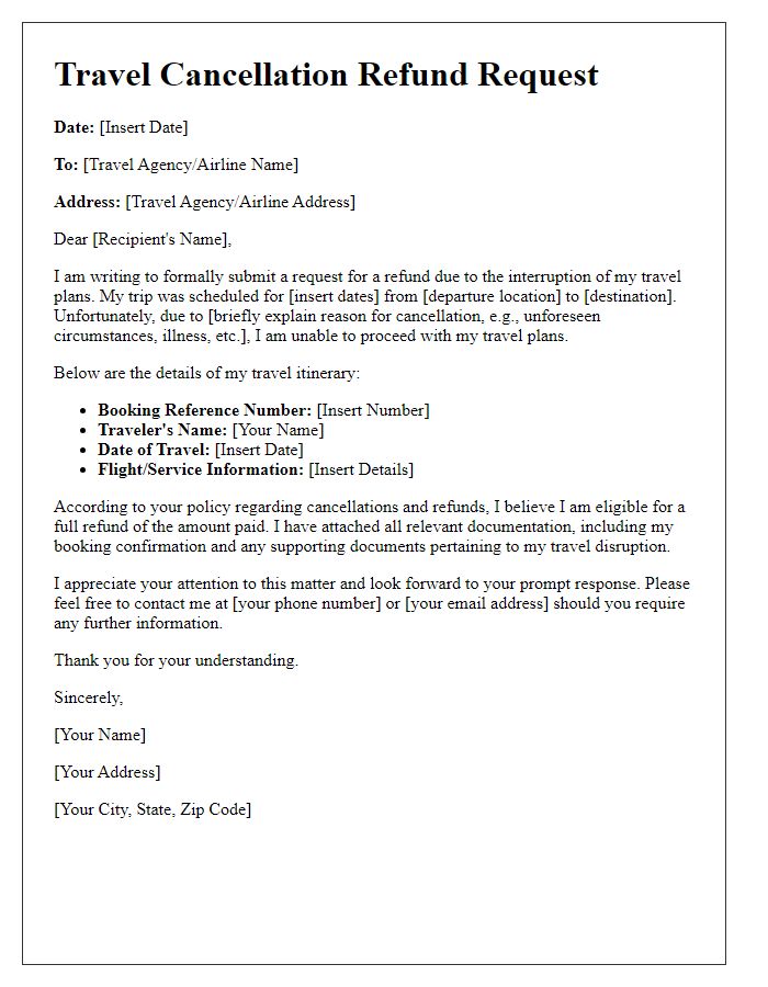 Letter template of travel cancellation refund submission for trip interruption