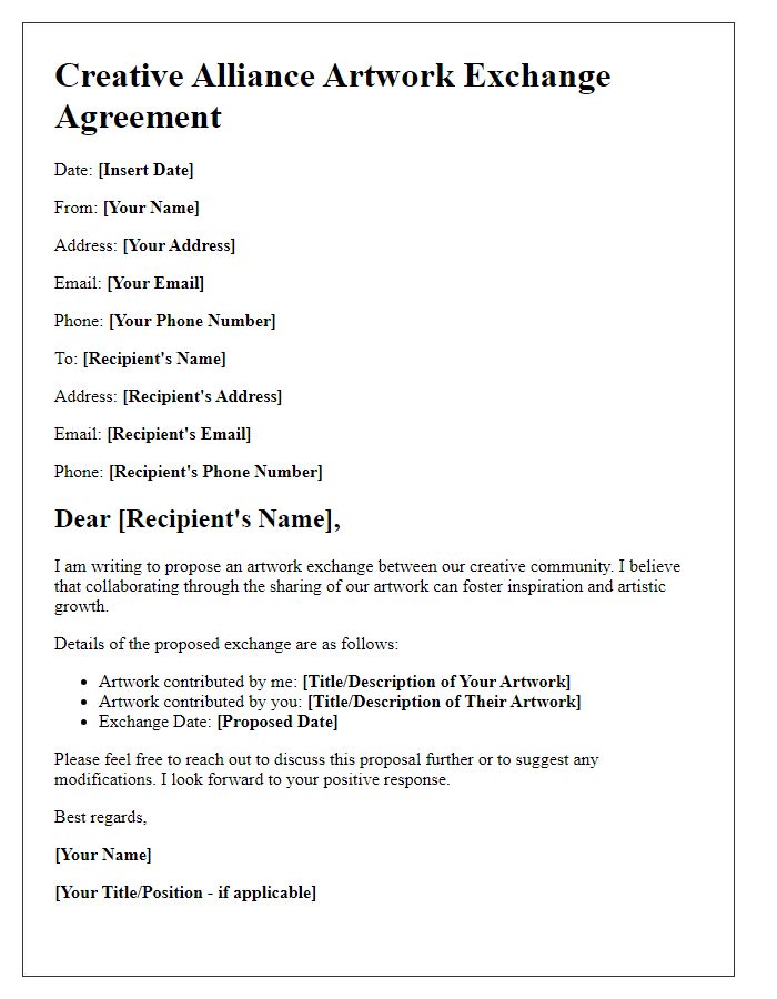 Letter template of creative alliance for artwork exchange.