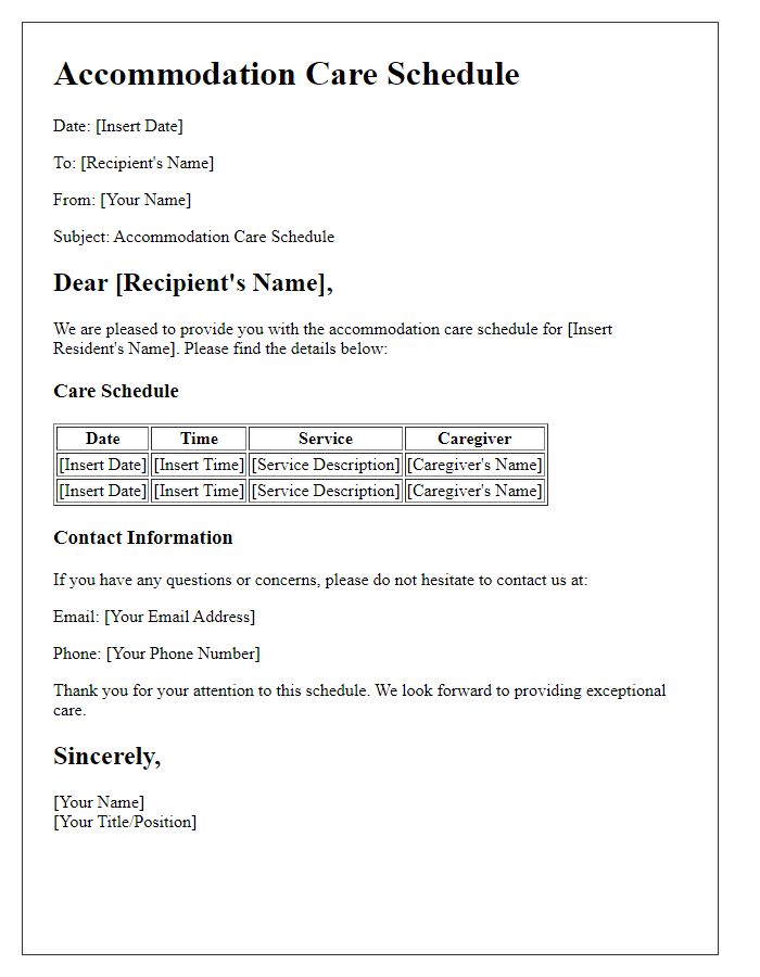 Letter template of accommodation care schedule