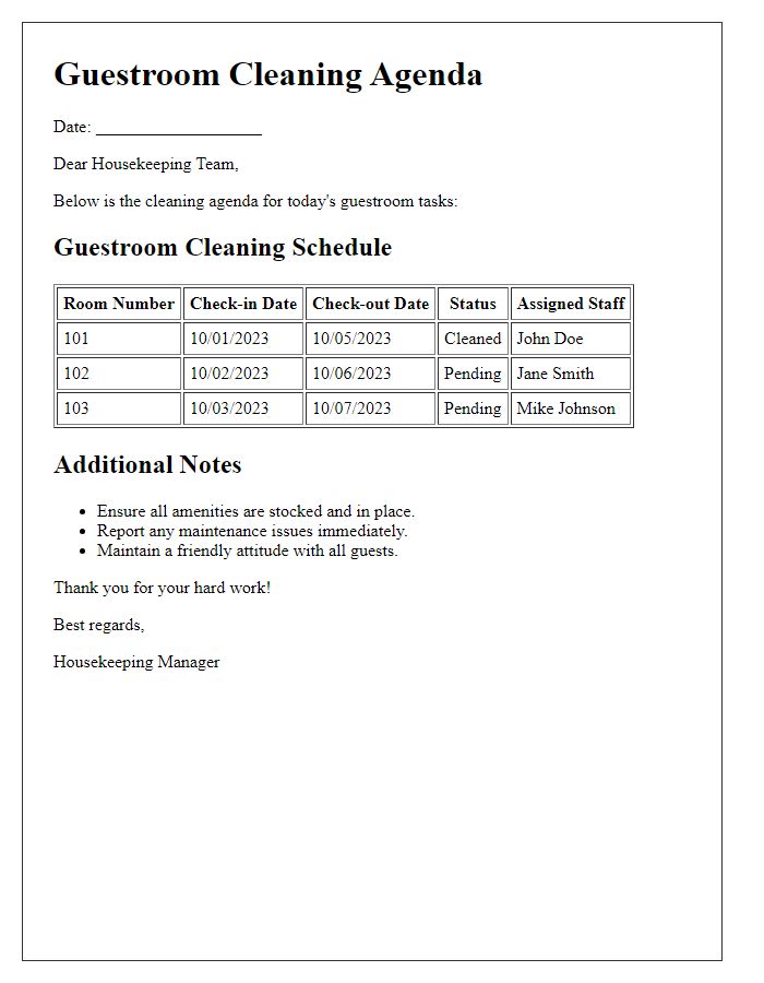 Letter template of guestroom cleaning agenda