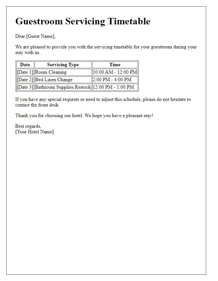 Letter template of guestroom servicing timetable