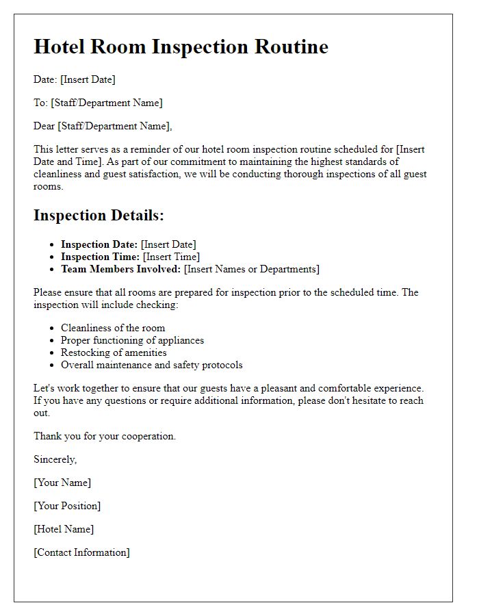 Letter template of hotel room inspection routine