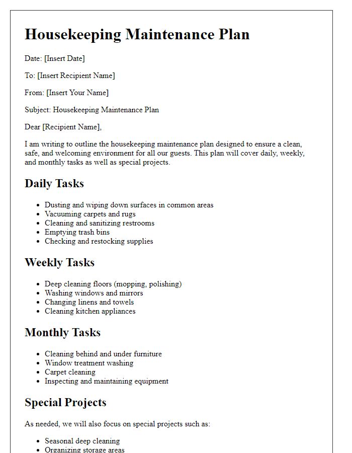 Letter template of housekeeping maintenance plan