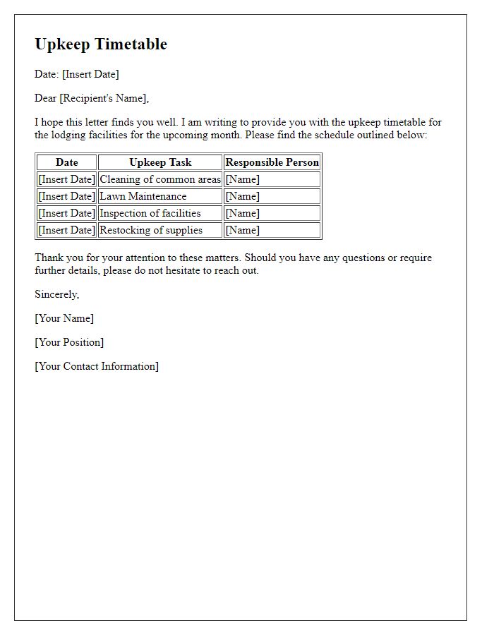 Letter template of lodging upkeep timetable