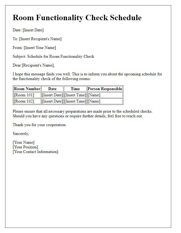 Letter template of room functionality check schedule