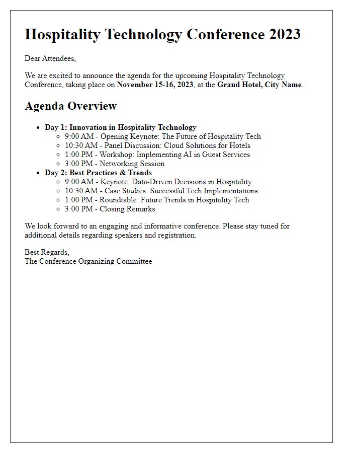 Letter template of agenda announcement for hospitality technology conference