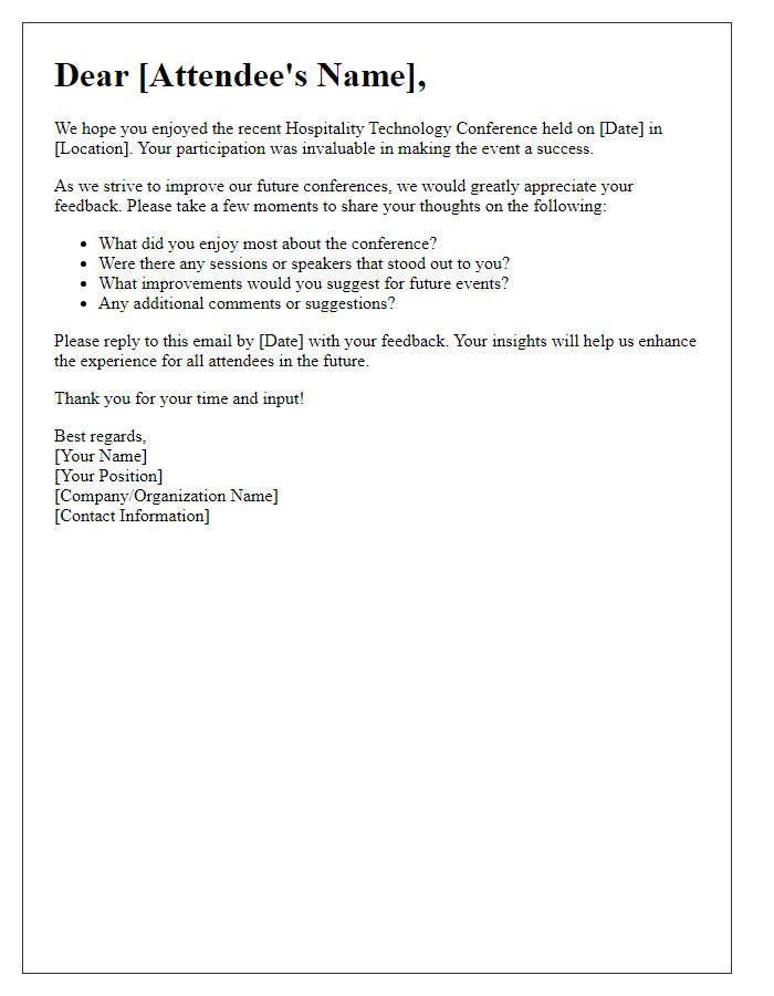 Letter template of feedback request for hospitality technology conference attendees