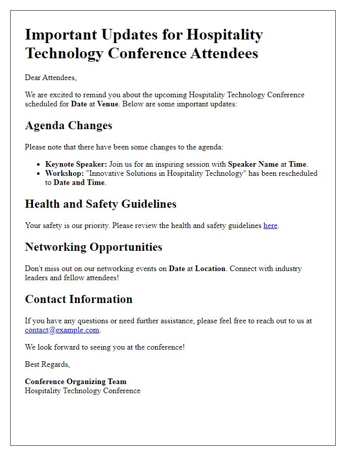 Letter template of important updates for hospitality technology conference attendees