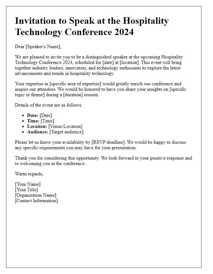 Letter template of invitation for hospitality technology conference speakers