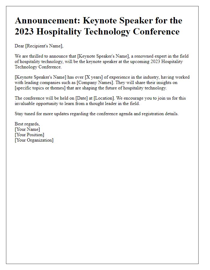 Letter template of keynote speaker announcement for hospitality technology conference