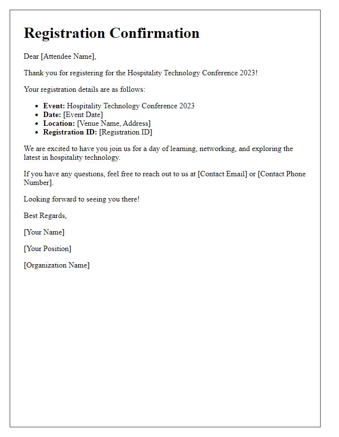 Letter template of registration confirmation for hospitality technology conference attendees