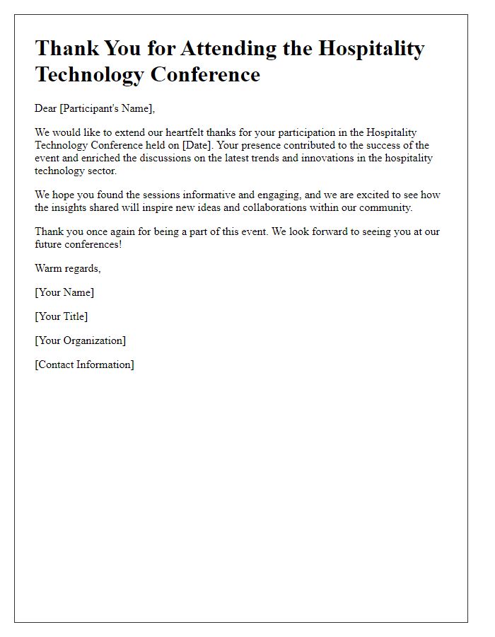 Letter template of thank you note for hospitality technology conference participants