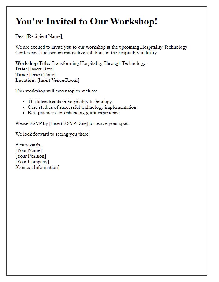 Letter template of workshop invitation for hospitality technology conference