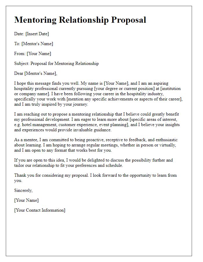 Letter template of mentoring relationship proposal for aspiring hospitality professionals