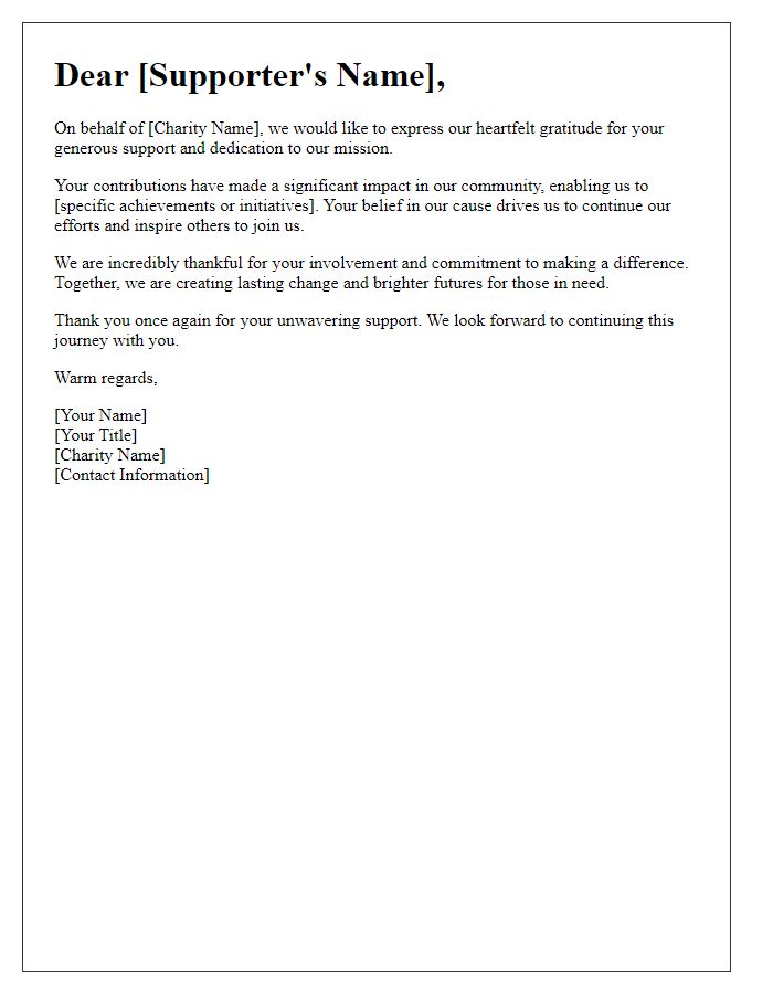 Letter template of community charity appreciation letter to supporters.